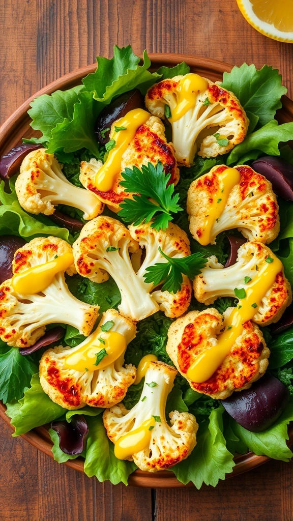 Grilled cauliflower and halloumi salad on mixed greens, garnished with parsley and lemon dressing.
